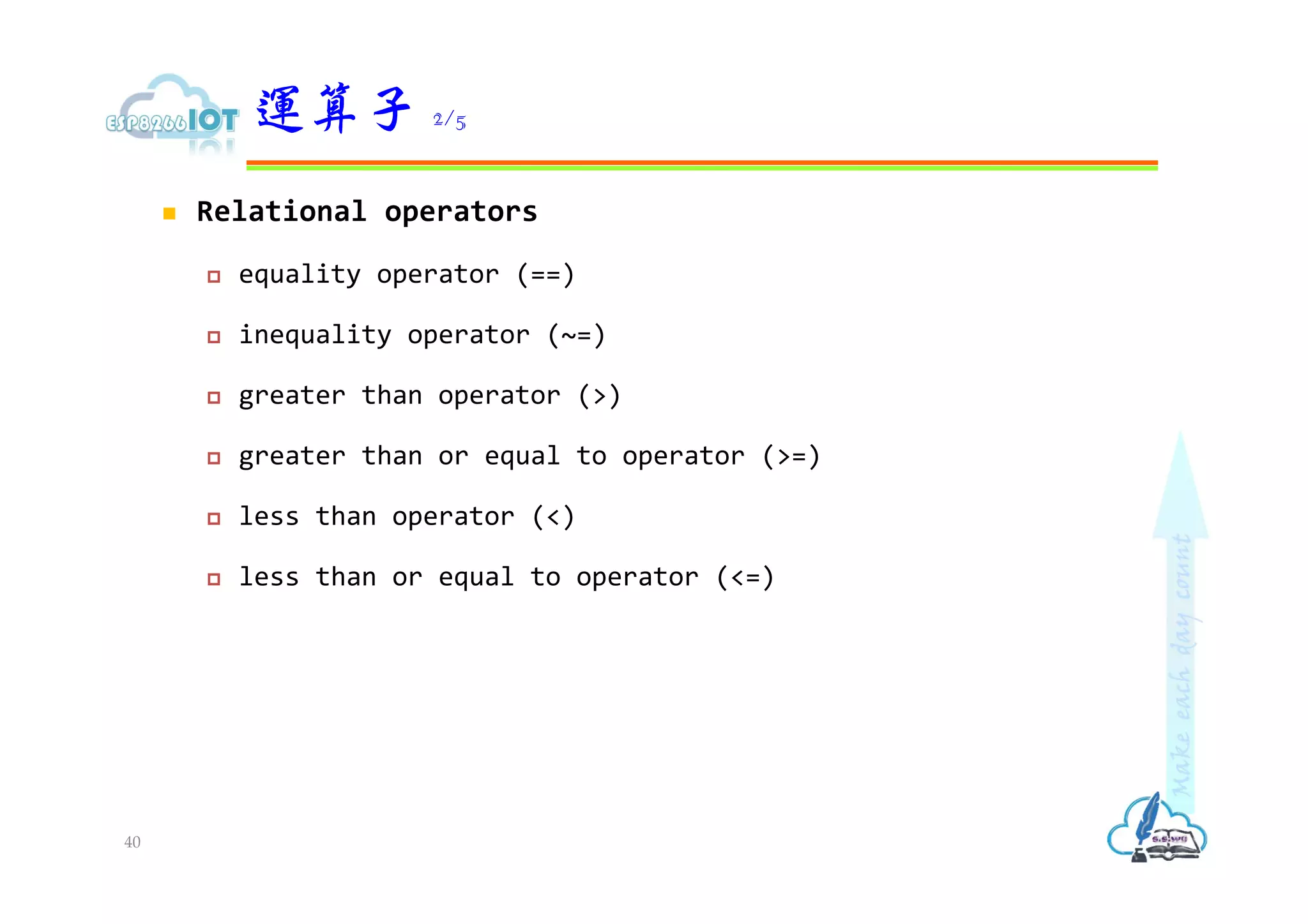  Relational operators
 equality operator (==)
 inequality operator (~=)
 greater than operator (>)
 greater than or equal to operator (>=)
 less than operator (<)
 less than or equal to operator (<=)
運算子 2/5
40
 