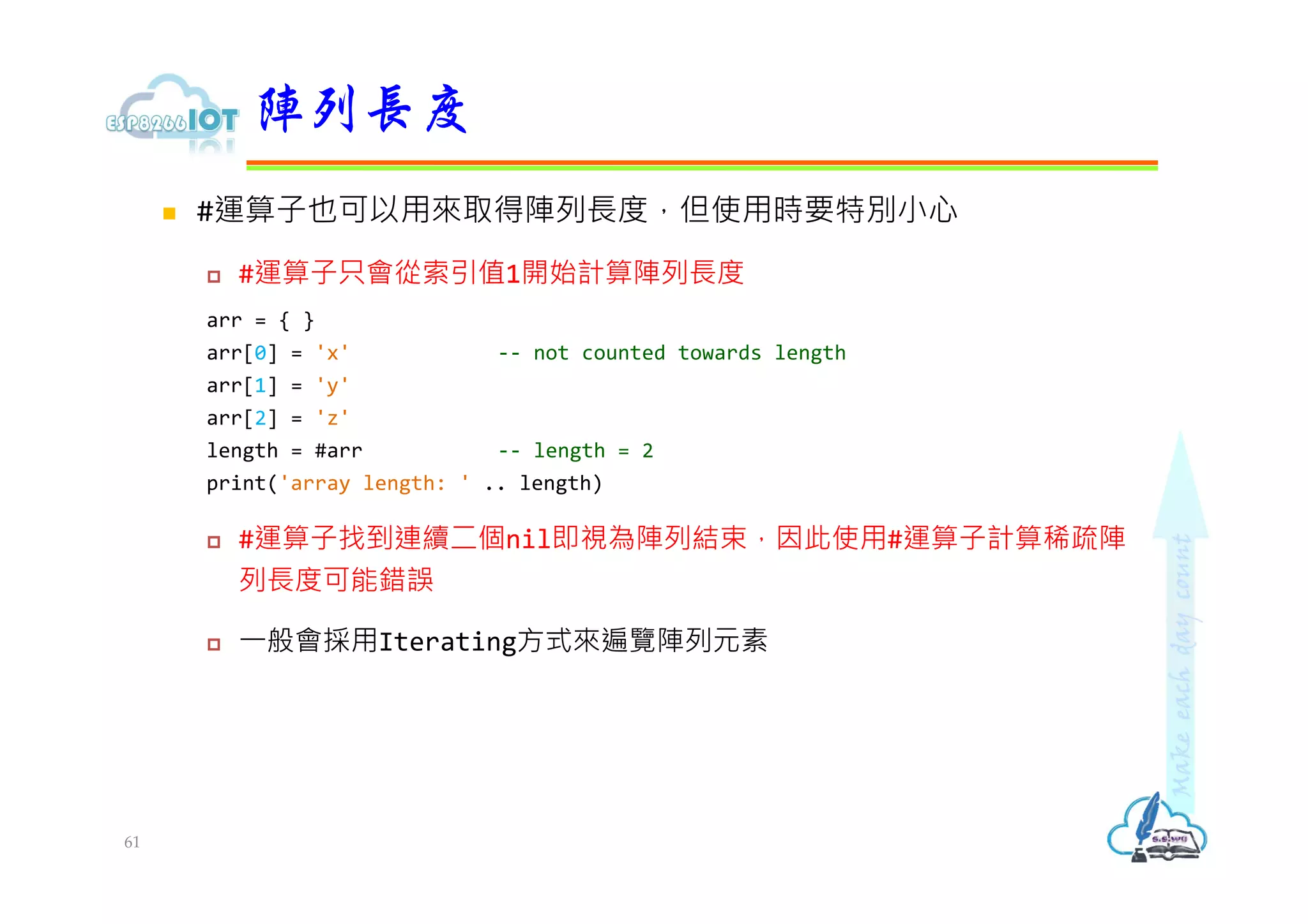  #運算子也可以用來取得陣列⻑度，但使用時要特別小心
 #運算子只會從索引值1開始計算陣列⻑度
arr = { }
arr[0] = 'x' -- not counted towards length
arr[1] = 'y'
arr[2] = 'z'
length = #arr -- length = 2
print('array length: ' .. length)
 #運算子找到連續二個nil即視為陣列結束，因此使用#運算子計算稀疏陣
列⻑度可能錯誤
 ⼀般會採用Iterating方式來遍覽陣列元素
陣列長度
61
 