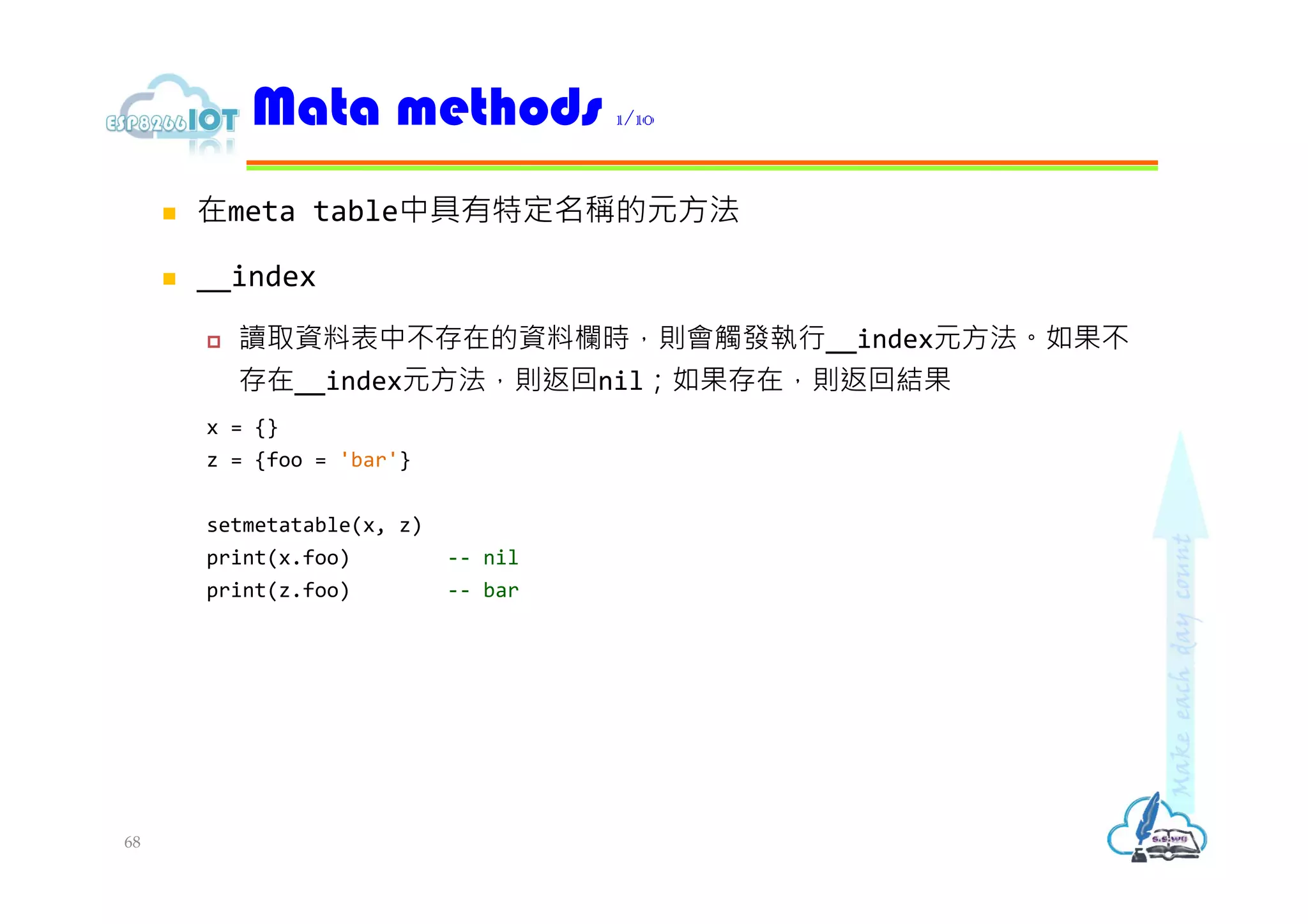  在meta table中具有特定名稱的元方法
 __index
 讀取資料表中不存在的資料欄時，則會觸發執行__index元方法。如果不
存在__index元方法，則返回nil；如果存在，則返回結果
x = {}
z = {foo = 'bar'}
setmetatable(x, z)
print(x.foo) -- nil
print(z.foo) -- bar
Mata methods 1/10
68
 