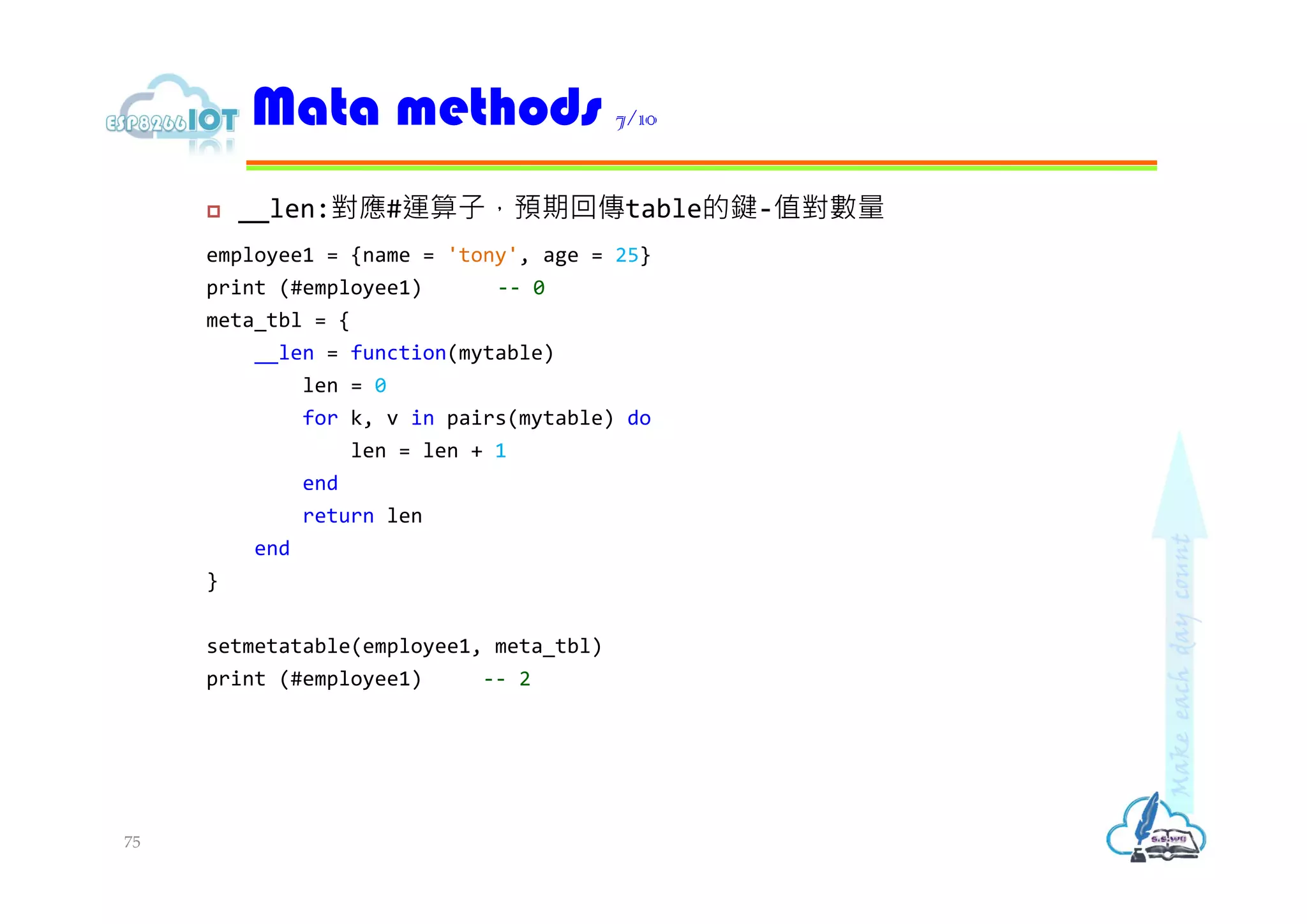  __len:對應#運算子，預期回傳table的鍵-值對數量
employee1 = {name = 'tony', age = 25}
print (#employee1) -- 0
meta_tbl = {
__len = function(mytable)
len = 0
for k, v in pairs(mytable) do
len = len + 1
end
return len
end
}
setmetatable(employee1, meta_tbl)
print (#employee1) -- 2
Mata methods 7/10
75
 