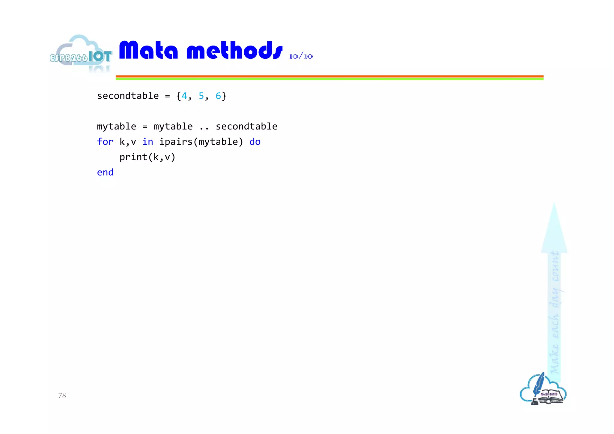 secondtable = {4, 5, 6}
mytable = mytable .. secondtable
for k,v in ipairs(mytable) do
print(k,v)
end
Mata methods 10/10
78
 