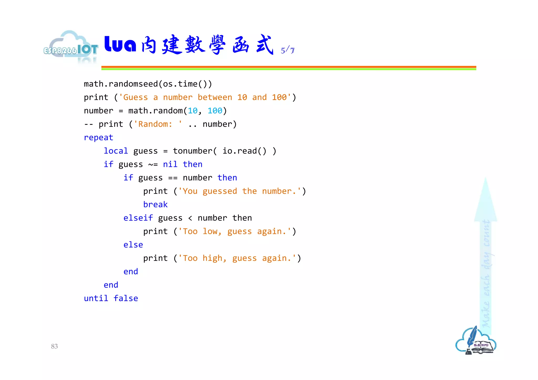 math.randomseed(os.time())
print ('Guess a number between 10 and 100')
number = math.random(10, 100)
-- print ('Random: ' .. number)
repeat
local guess = tonumber( io.read() )
if guess ~= nil then
if guess == number then
print ('You guessed the number.')
break
elseif guess < number then
print ('Too low, guess again.')
else
print ('Too high, guess again.')
end
end
until false
Lua內建數學函式 5/7
83
 