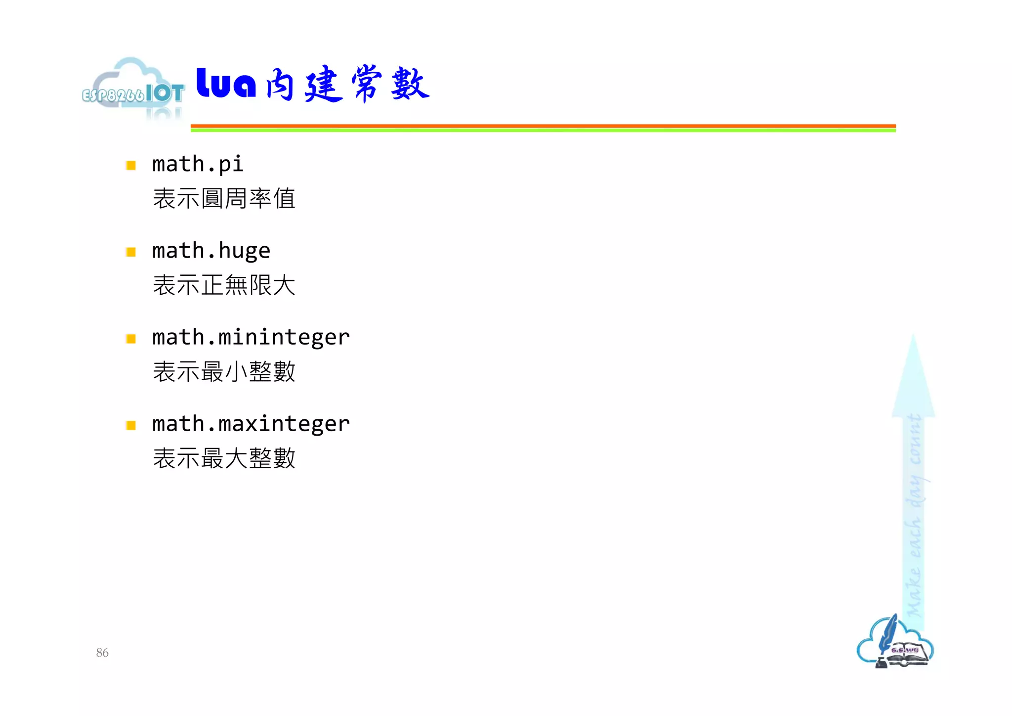  math.pi
表示圓周率值
 math.huge
表示正無限大
 math.mininteger
表示最小整數
 math.maxinteger
表示最大整數
Lua內建常數
86
 