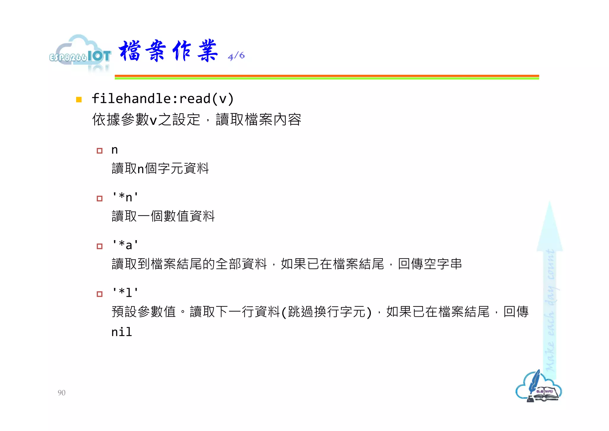  filehandle:read(v)
依據參數v之設定，讀取檔案內容
 n
讀取n個字元資料
 '*n'
讀取⼀個數值資料
 '*a'
讀取到檔案結尾的全部資料，如果已在檔案結尾，回傳空字串
 '*l'
預設參數值。讀取下⼀行資料(跳過換行字元)，如果已在檔案結尾，回傳
nil
檔案作業 4/6
90
 