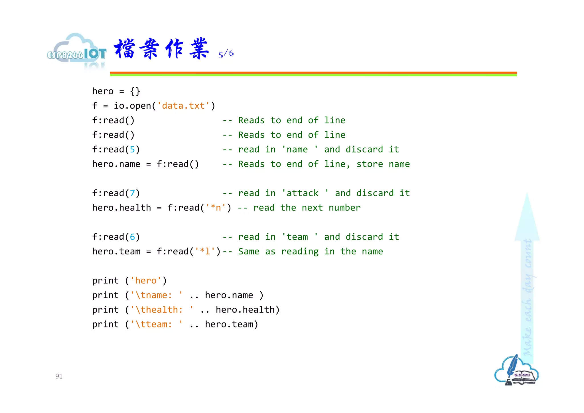 hero = {}
f = io.open('data.txt')
f:read() -- Reads to end of line
f:read() -- Reads to end of line
f:read(5) -- read in 'name ' and discard it
hero.name = f:read() -- Reads to end of line, store name
f:read(7) -- read in 'attack ' and discard it
hero.health = f:read('*n') -- read the next number
f:read(6) -- read in 'team ' and discard it
hero.team = f:read('*l')-- Same as reading in the name
print ('hero')
print ('tname: ' .. hero.name )
print ('thealth: ' .. hero.health)
print ('tteam: ' .. hero.team)
檔案作業 5/6
91
 