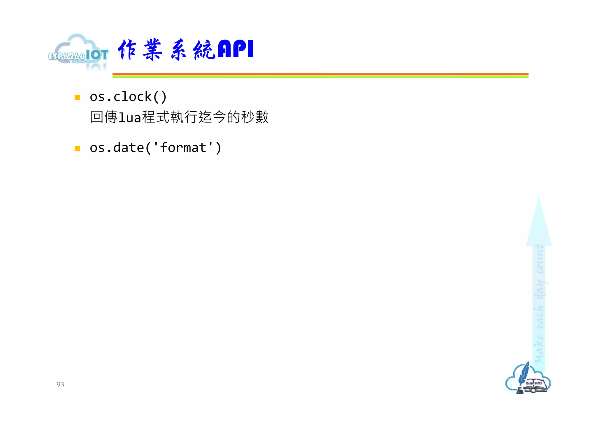  os.clock()
回傳lua程式執行迄今的秒數
 os.date('format')
作業系統API
93
 