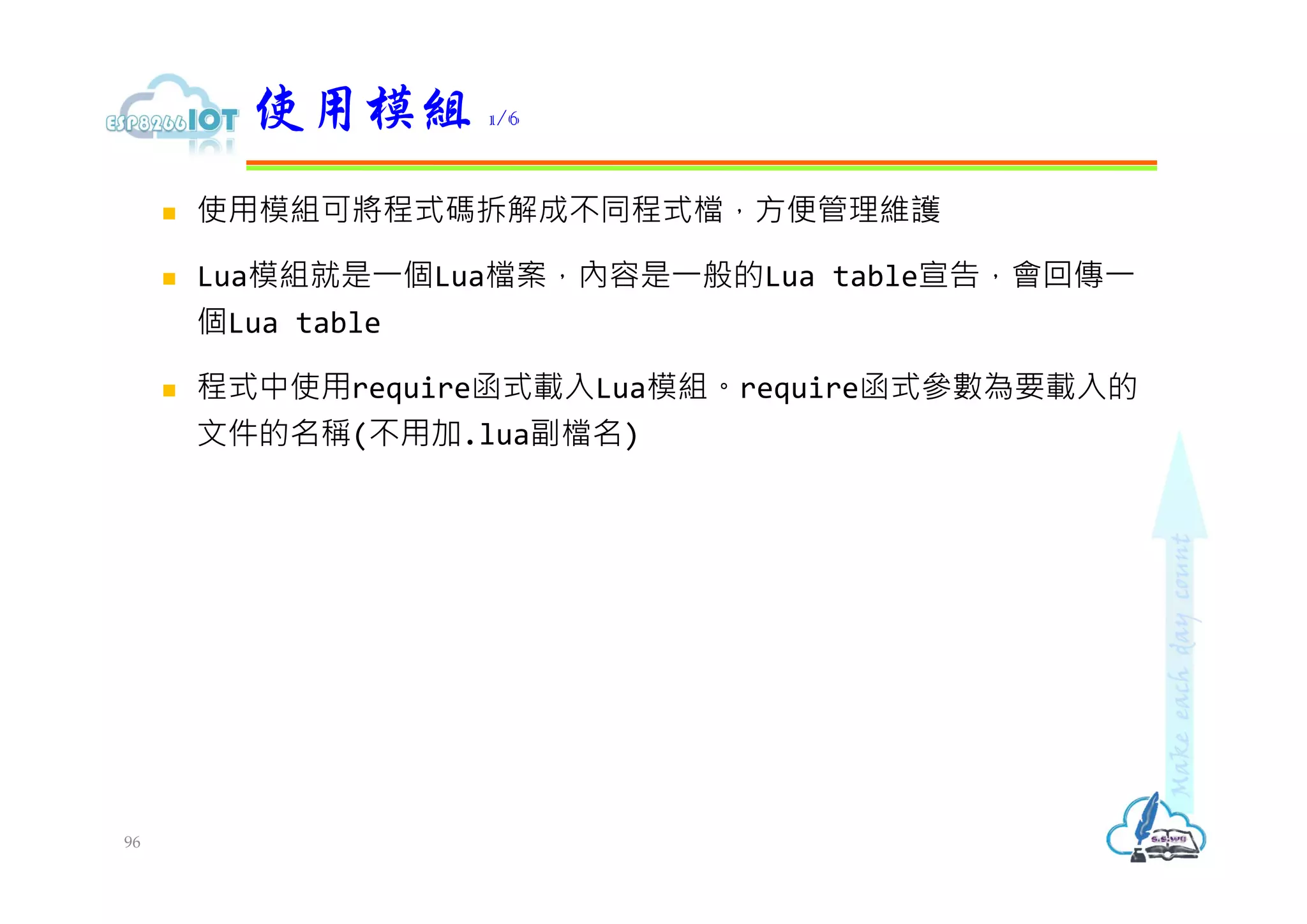  使用模組可將程式碼拆解成不同程式檔，方便管理維護
 Lua模組就是⼀個Lua檔案，內容是⼀般的Lua table宣告，會回傳⼀
個Lua table
 程式中使用require函式載入Lua模組。require函式參數為要載入的
文件的名稱(不用加.lua副檔名)
使用模組 1/6
96
 