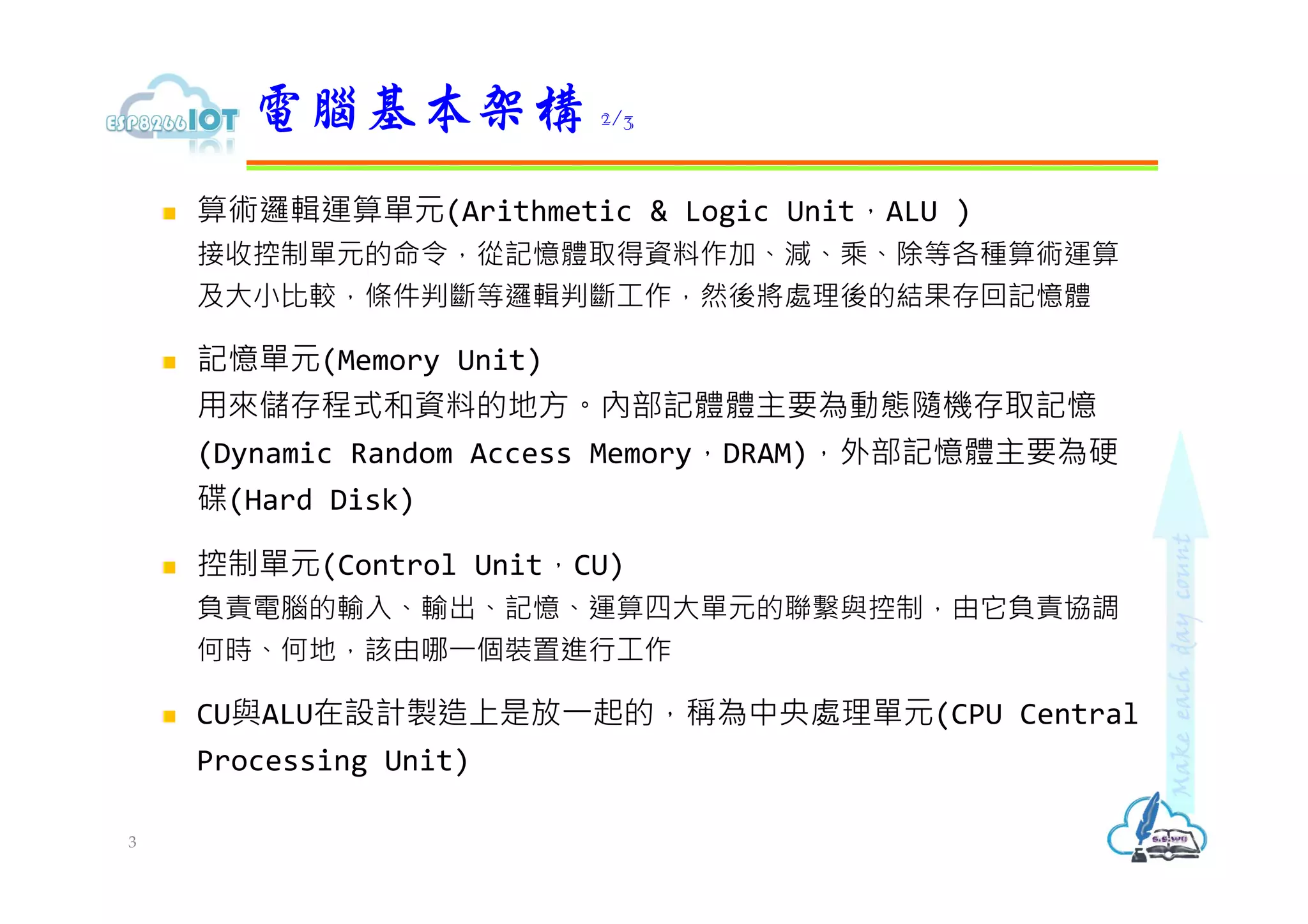  算術邏輯運算單元(Arithmetic & Logic Unit，ALU )
接收控制單元的命令，從記憶體取得資料作加、減、乘、除等各種算術運算
及大小比較，條件判斷等邏輯判斷工作，然後將處理後的結果存回記憶體
 記憶單元(Memory Unit)
用來儲存程式和資料的地方。內部記體體主要為動態隨機存取記憶
(Dynamic Random Access Memory，DRAM)，外部記憶體主要為硬
碟(Hard Disk)
 控制單元(Control Unit，CU)
負責電腦的輸入、輸出、記憶、運算四大單元的聯繫與控制，由它負責協調
何時、何地，該由哪⼀個裝置進⾏工作
 CU與ALU在設計製造上是放⼀起的，稱為中央處理單元(CPU Central
Processing Unit)
電腦基本架構 2/3
3
 