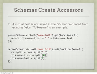 Schema Create Indices

                     A schema can have some fields marked as “index”. The
                     collection will be indexed by them automatically


           var PhotoSchema = new Schema({
             username: { type: String, required: true, index: true },
             photo: { type: String, required: true },
             uploaded_at: { type: Date, default: Date.now }
           });




Tuesday, February 12, 13
 