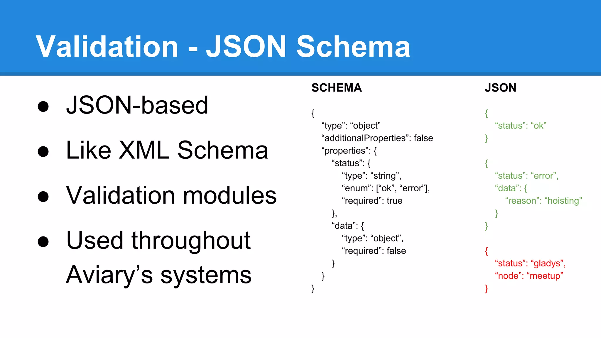 Validation - JSON Schema
SCHEMA

● JSON-based

JSON

{

{
“type”: “object”
“additionalProperties”: false
“properties”: {
“status”: {
“type”: “string”,
“enum”: [“ok”, “error”],
“required”: true
},
“data”: {
“type”: “object”,
“required”: false
}
}

● Like XML Schema
● Validation modules
● Used throughout
Aviary’s systems

}

“status”: “ok”
}
{
“status”: “error”,
“data”: {
“reason”: “hoisting”
}
}
{
“status”: “gladys”,
“node”: “meetup”
}

 