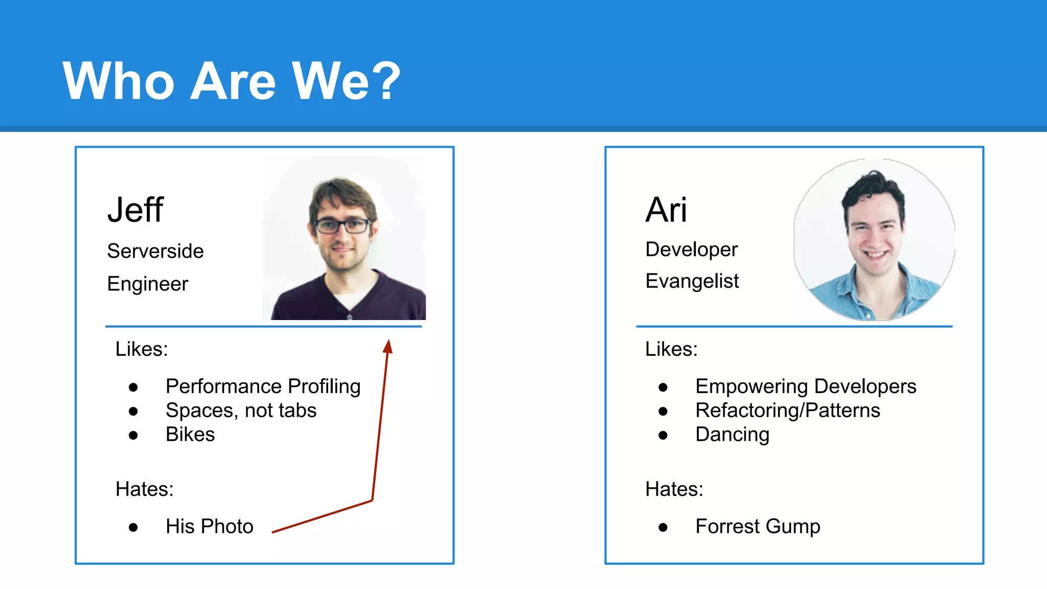 Who Are We?
Jeff

Ari

Serverside

Developer

Engineer

Evangelist

Likes:
●
●
●

Performance Profiling
Spaces, not tabs
Bikes

Hates:
●

His Photo

Likes:
●
●
●

Empowering Developers
Refactoring/Patterns
Dancing

Hates:
●

Forrest Gump

 