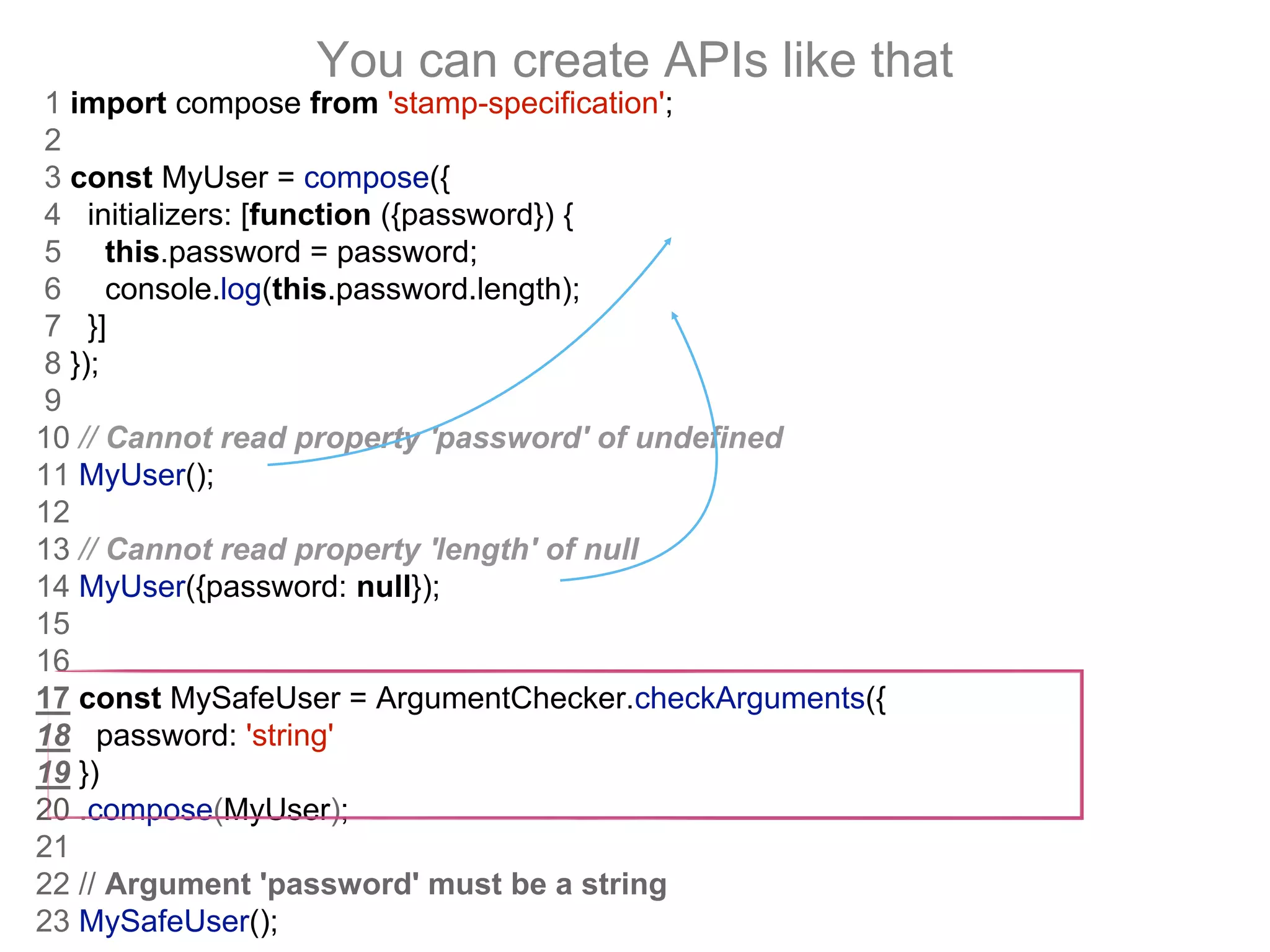 You can create APIs like that
1 import compose from 'stamp-specification';
2
3 const MyUser = compose({
4 initializers: [function ({password}) {
5 this.password = password;
6 console.log(this.password.length);
7 }]
8 });
9
10 // Cannot read property 'password' of undefined
11 MyUser();
12
13 // Cannot read property 'length' of null
14 MyUser({password: null});
15
16
17 const MySafeUser = ArgumentChecker.checkArguments({
18 password: 'string'
19 })
20 .compose(MyUser);
21
22 // Argument 'password' must be a string
23 MySafeUser();
 