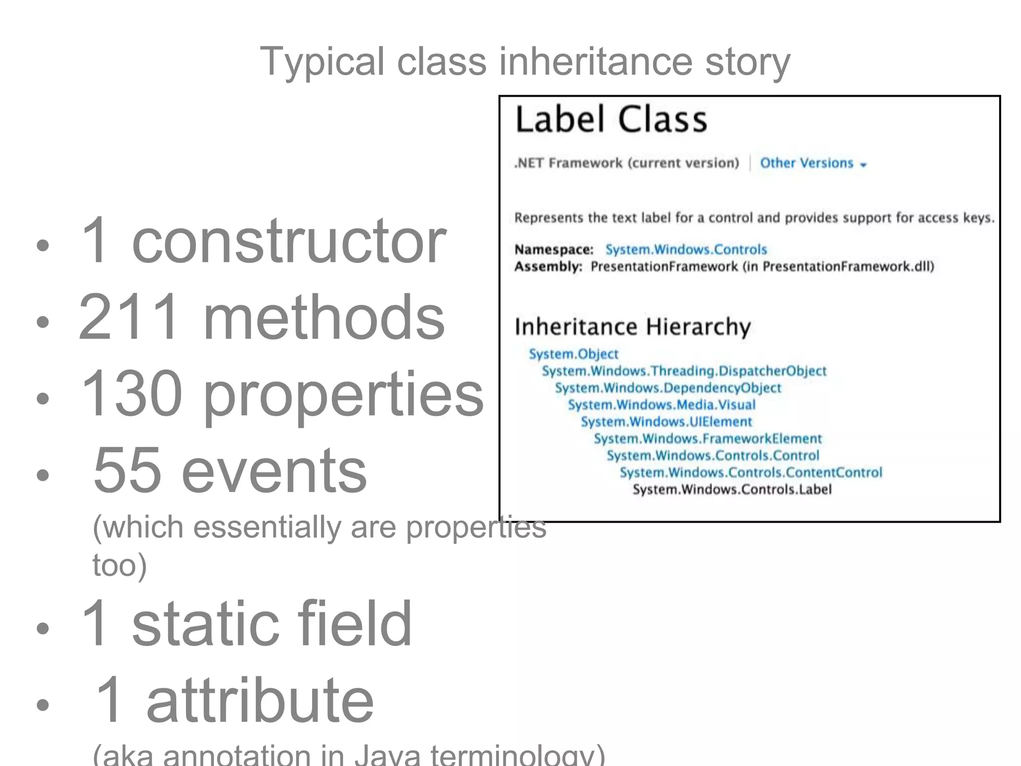 Typical class inheritance story
• 1 constructor
• 211 methods
• 130 properties
• 55 events
(which essentially are properties
too)
• 1 static field
• 1 attribute
 