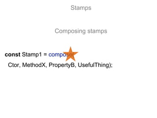 const Stamp1 = compose(
Ctor, MethodX, PropertyB, UsefulThing);
Stamps
Composing stamps
 