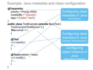 @TesterInfo(
priority = Priority.HIGH,
createdBy = "Zavulon",
tags = {"sales","test"}
)
public class TestExample extends BaseTest {
TestExample(TestRunner r) {
this.runner = r;
}
@Test
void testA() {
// ...
}
@Test(enabled = false)
void testB() {
// …
}
}
Example: Java metadata and class configuration
Configuring class
metadata in Java
(annotations)
Configuring
object instance in
Java
(dependency injection)
Configuring class
members in Java
(interface implementation)
 