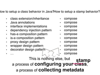 • class extension/inheritance
• Java annotations
• interface implementations
• dependency injection pattern
• has-a composition pattern
• is-a composition pattern
• proxy design pattern
• wrapper design pattern
• decorator design pattern
• …
How to setup a class behavior in Java?
This is nothing else, but
a process of configuring your class,
a process of collecting metadata
How to setup a stamp behavior?
• compose
• compose
• compose
• compose
• compose
• compose
• compose
• compose
• compose
• compose
stamp
 