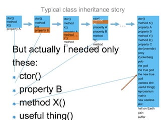ctor()
method
X()
property A
ctor()
method
X()
property Aproperty B
ctor()
property A
property B
method
Y()
method
Z()
method
X()
ctor()
method
X()
property A
property Bmethod
Y()
method
Z()
…
ctor()
method X()
property A
property B
method Y()
method Z()
property C
ctor(override)
pony
Zuckerberg
yolo
the god
the true god
the new true
god
useless shit
useful thing()
leprosarium
matrix
new useless
shit
hell on Earth
pain
suffer
Typical class inheritance story
But actually I needed only
these:
ctor()
property B
method X()
useful thing()
 