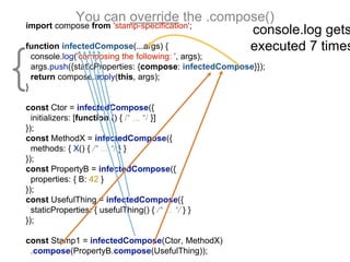 You can override the .compose()
import compose from 'stamp-specification';
function infectedCompose(...args) {
console.log('composing the following: ', args);
args.push({staticProperties: {compose: infectedCompose}});
return compose.apply(this, args);
}
const Ctor = infectedCompose({
initializers: [function () { /* ... */ }]
});
const MethodX = infectedCompose({
methods: { X() { /* ... */ } }
});
const PropertyB = infectedCompose({
properties: { B: 42 }
});
const UsefulThing = infectedCompose({
staticProperties: { usefulThing() { /* ... */ } }
});
const Stamp1 = infectedCompose(Ctor, MethodX)
.compose(PropertyB.compose(UsefulThing));
console.log gets
executed 7 times
{
 