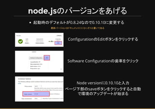 node.jsのバージョンをあげる
起動時のデフォルトが0.8.24なので0.10.10に変更する
ConfigurationのEditボタンをクリックする
Software Configurationの歯車をクリック
Node versionに0.10.10と入力
ページ下部のsaveボタンをクリックすると自動
で環境のアップデートが始まる
最新バージョンはドキュメントににひっそりと書いてある
 