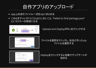 自作アプリのアップロード
app.jsを含むファイル一式をzipにまとめる
このときディレクトリ とzipにしないこと､"Failed to find package.json"
というエラーの原因になる
Upload and Deployボタンをクリックする
ファイルを選択をクリックし､先ほ 作ったzip
ファイルを選択する
Deployをクリックすると自動でアップデートが
始まる
 