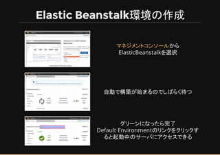 Elastic Beanstalk環境の作成
から
ElasticBeanstalkを選択
自動で構築が始まるのでしばらく待つ
グリーンになったら完了
Default Environmentのリンクをクリックす
ると起動中のサーバにアクセスでき...