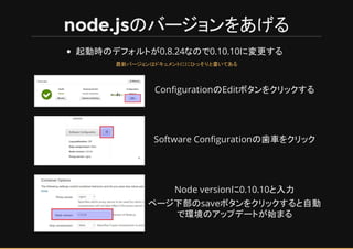 node.jsのバージョンをあげる
起動時のデフォルトが0.8.24なので0.10.10に変更する
ConfigurationのEditボタンをクリックする
Software Configurationの歯車をクリック
Node version...