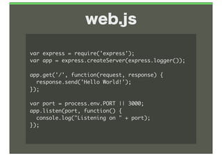 web.js

var	 express	 =	 require('express');
var	 app	 =	 express.createServer(express.logger());

app.get('/',	 function(request,	 response)	 {
	 	 response.send('Hello	 World!');
});

var	 port	 =	 process.env.PORT	 ||	 3000;
app.listen(port,	 function()	 {
	 	 console.log("Listening	 on	 "	 +	 port);
});
 