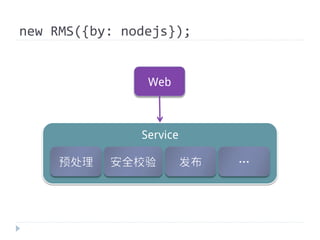 new	
  RMS({by:	
  nodejs});


                    Web



                   Service

      预处理     安全校验           发布   …
 