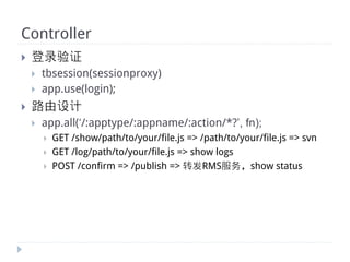Controller
}    登录验证
      }    tbsession(sessionproxy)
      }    app.use(login);
}    路由设计
      }    app.all(‘/:apptype/:appname/:action/*?’, fn);
            }    GET /show/path/to/your/file.js => /path/to/your/file.js => svn
            }    GET /log/path/to/your/file.js => show logs
            }    POST /confirm => /publish => 转发RMS服务，show status
 