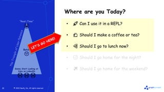 © 2022 Neo4j, Inc. All rights reserved.
© 2022 Neo4j, Inc. All rights reserved.
10
Where are you Today?
“Real-Time”
😃
Batch
😐
Gonna Start Looking at
Jobs on LinkedIn
😭😭😭
• 🚀 Can I use it in a REPL?
• 🍵 Should I make a coffee or tea?
• 🍕 Should I go to lunch now?
• 😴 Should I go home for the night?
• ✈️ Should I go home for the weekend?
 