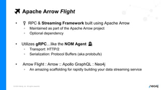 © 2022 Neo4j, Inc. All rights reserved.
✈️ Apache Arrow Flight
• 🔌 RPC & Streaming Framework built using Apache Arrow
◦ Maintained as part of the Apache Arrow project
◦ Optional dependency
• Utilizes gRPC…like the NOM Agent 🕵️
◦ Transport: HTTP/2
◦ Serialization: Protocol Buffers (aka protobufs)
• Arrow Flight : Arrow :: Apollo GraphQL : Neo4j
◦ An amazing scaffolding for rapidly building your data streaming service
 