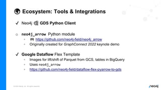© 2022 Neo4j, Inc. All rights reserved.
🌍 Ecosystem: Tools & Integrations
✔ Neo4j 🐍 GDS Python Client
o neo4j_arrow Python module
◦ 🚧 https://github.com/neo4j-field/neo4j_arrow
◦ Originally created for GraphConnect 2022 keynote demo
✔ Google Dataflow Flex Template
◦ Images for lift/shift of Parquet from GCS, tables in BigQuery
◦ Uses neo4j_arrow
◦ https://github.com/neo4j-field/dataflow-flex-pyarrow-to-gds
 
