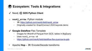 © 2022 Neo4j, Inc. All rights reserved.
🌍 Ecosystem: Tools & Integrations
✔ Neo4j 🐍 GDS Python Client
o neo4j_arrow Python module
◦ 🚧 https://github.com/neo4j-field/neo4j_arrow
◦ Originally created for GraphConnect 2022 keynote demo
✔ Google Dataflow Flex Template
◦ Images for lift/shift of Parquet from GCS, tables in BigQuery
◦ Uses neo4j_arrow v0
◦ https://github.com/neo4j-field/dataflow-flex-pyarrow-to-gds
• Apache Hop – 🚧 Encode/Decode transforms
 