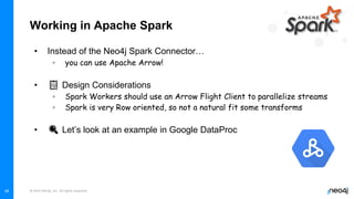 © 2022 Neo4j, Inc. All rights reserved.
34
Working in Apache Spark
• Instead of the Neo4j Spark Connector…
◦ you can use Apache Arrow!
• 📋 Design Considerations
◦ Spark Workers should use an Arrow Flight Client to parallelize streams
◦ Spark is very Row oriented, so not a natural fit some transforms
• 🔍 Let’s look at an example in Google DataProc
 
