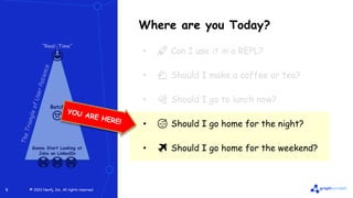© 2022 Neo4j, Inc. All rights reserved.
© 2022 Neo4j, Inc. All rights reserved.
9
Where are you Today?
“Real-Time”
😃
Batch
😐
Gonna Start Looking at
Jobs on LinkedIn
😭😭😭
• 🚀 Can I use it in a REPL?
• 🍵 Should I make a coffee or tea?
• 🍕 Should I go to lunch now?
• 😴 Should I go home for the night?
• ✈️ Should I go home for the weekend?
 