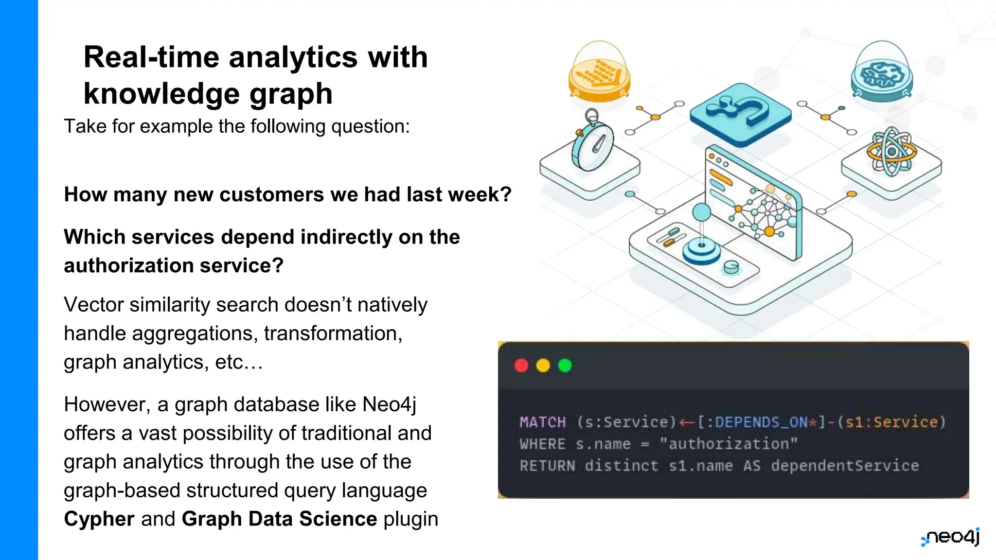 Real-time analytics with
knowledge graph
Take for example the following question:
How many new customers we had last week?
Which services depend indirectly on the
authorization service?
Vector similarity search doesn’t natively
handle aggregations, transformation,
graph analytics, etc…
However, a graph database like Neo4j
offers a vast possibility of traditional and
graph analytics through the use of the
graph-based structured query language
Cypher and Graph Data Science plugin
 