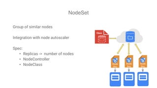 NodeSet
Group of similar nodes
Integration with node autoscaler
Spec:
• Replicas -> number of nodes
• NodeController
• NodeClass Node
Res
Class
Node
Res
Node
Res
 