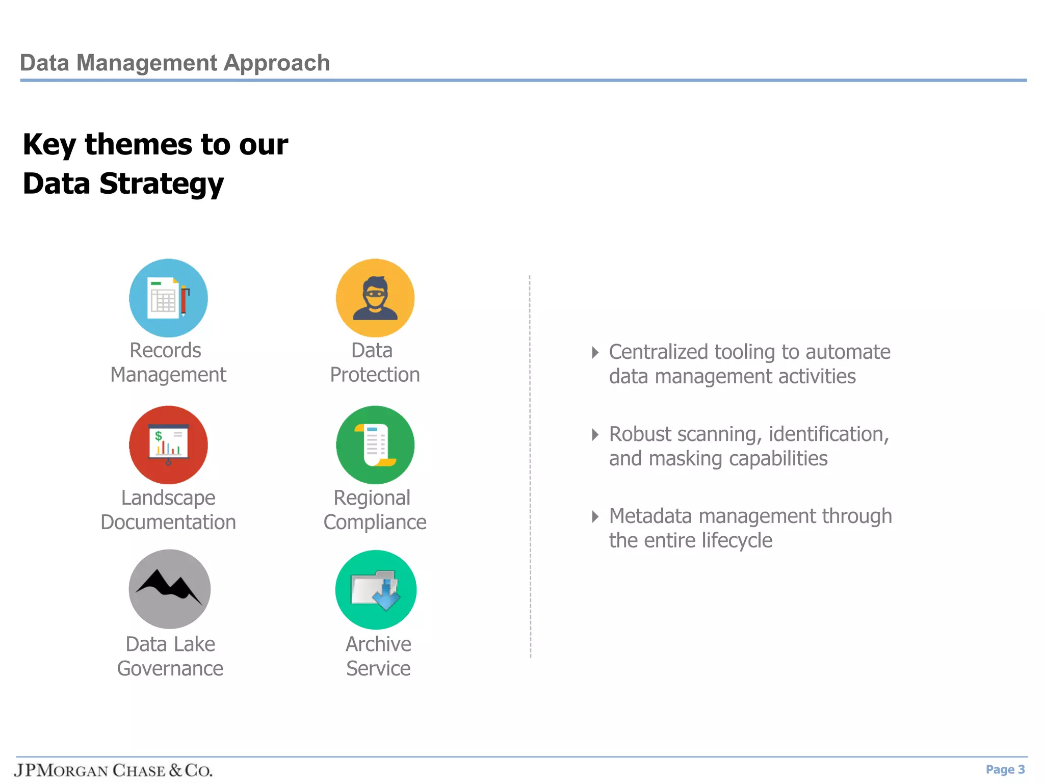Page 3
Key themes to our
Data Strategy
Records
Management
Regional
Compliance
Landscape
Documentation
Data
Protection
 Centralized tooling to automate
data management activities
 Robust scanning, identification,
and masking capabilities
 Metadata management through
the entire lifecycle
Data Management Approach
Data Lake
Governance
Archive
Service
 