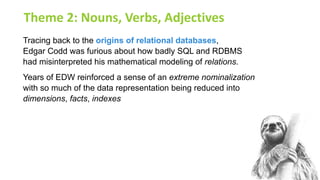 Theme 2: Nouns, Verbs, Adjectives
a carry-over of extreme nominalization into graph DBs also 
over-emphasizes the role of ...