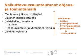2.12.2015 10
Vaikuttavuussuuntautunut ohjaus-
ja toimintamalli
• Yksityinen julkisen kirittäjänä
• Julkinen mahdollistajana
• Julkishallinto alustana
– platform
• Tiedon avoimuus ja yhtenäinen vertailu
• Julkinen valvonta
Vaikuttavuus
- asiakas
- palvelujärjestelmä
- hyvinvointipolitiikka
- perusoikeudet
&
talouspolitiikka
 