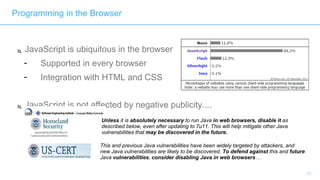  JavaScript is ubiquitous in the browser
- Supported in every browser
- Integration with HTML and CSS
 JavaScript is not affected by negative publicity....
11
Unless it is absolutely necessary to run Java in web browsers, disable it as
described below, even after updating to 7u11. This will help mitigate other Java
vulnerabilities that may be discovered in the future.
This and previous Java vulnerabilities have been widely targeted by attackers, and
new Java vulnerabilities are likely to be discovered. To defend against this and future
Java vulnerabilities, consider disabling Java in web browsers…
Programming in the Browser
 
