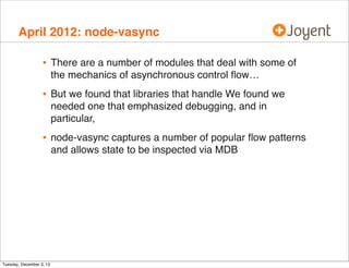 April 2012: node-vasync

•

There are a number of modules that deal with some of
the mechanics of asynchronous control ﬂow…

•

But we found that libraries that handle We found we
needed one that emphasized debugging, and in
particular,

•

node-vasync captures a number of popular ﬂow patterns
and allows state to be inspected via MDB

Tuesday, December 3, 13

 