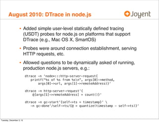 August 2010: DTrace in node.js

•

Added simple user-level statically deﬁned tracing
(USDT) probes for node.js on platforms that support
DTrace (e.g., Mac OS X, SmartOS)

•

Probes were around connection establishment, serving
HTTP requests, etc.

•

Allowed questions to be dynamically asked of running,
production node.js servers, e.g.:
dtrace -n ‘node*:::http-server-request{
printf(“%s of %s from %sn”, args[0]->method,
args[0]->url, args[1]->remoteAddress)}‘
dtrace -n http-server-request’{
@[args[1]->remoteAddress] = count()}‘
dtrace -n gc-start’{self->ts = timestamp}’ 
-n gc-done’/self->ts/{@ = quantize(timestamp - self->ts)}’

Tuesday, December 3, 13

 