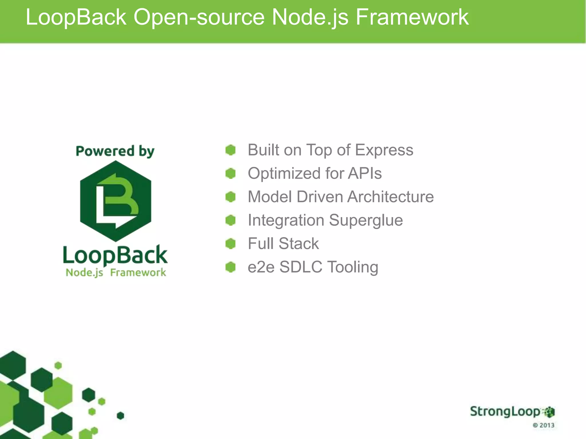 LoopBack Open-source Node.js Framework
Built on Top of Express
Optimized for APIs
Model Driven Architecture
Integration Superglue
Full Stack
e2e SDLC Tooling
 
