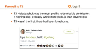 Farewell to TJ
• TJ Holowaychuk was the most proliﬁc node module contributor;
if nothing else, probably wrote more node.js...