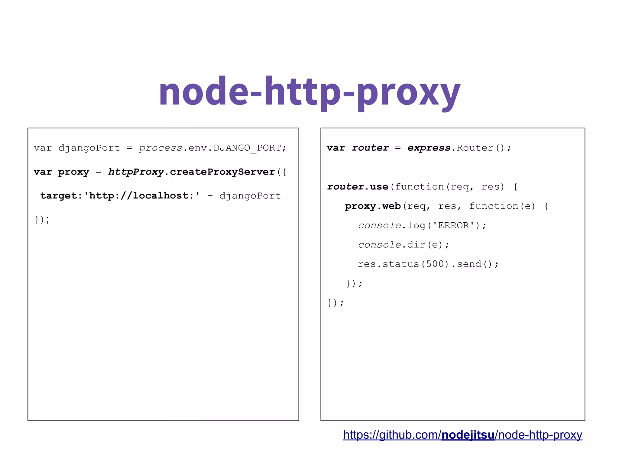 node-http-proxy
https://github.com/nodejitsu/node-http-proxy
var djangoPort = process.env.DJANGO_PORT;
var proxy = httpProxy.createProxyServer({
target:'http://localhost:' + djangoPort
});
var router = express.Router();
router.use(function(req, res) {
proxy.web(req, res, function(e) {
console.log('ERROR');
console.dir(e);
res.status(500).send();
});
});
 