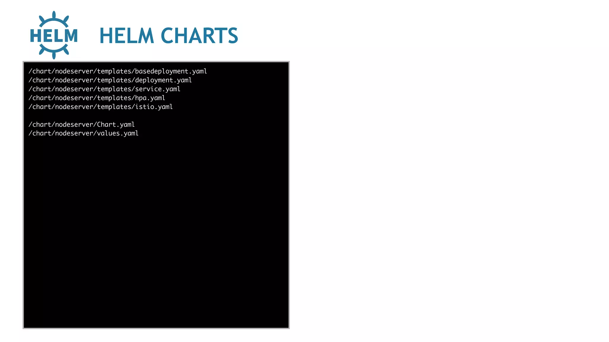 HELM CHARTS
func add(_ a: Int,
to b: Int) -> Void
{
print(a + b)
}
let a = ”5”
let b = 3
/chart/nodeserver/templates/basedeployment.yaml
/chart/nodeserver/templates/deployment.yaml
/chart/nodeserver/templates/service.yaml
/chart/nodeserver/templates/hpa.yaml
/chart/nodeserver/templates/istio.yaml
/chart/nodeserver/Chart.yaml
/chart/nodeserver/values.yaml
 