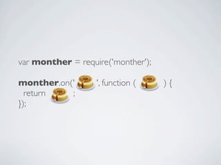 var monther = require('monther');

monther.on('       ', function (    ){
  return   ;
});
 