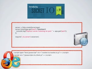 server = http.createServer(app);
  server.listen(app.get('port'), function(){
    console.log("Express server listening on port " + app.get('port'));
  });

  require('./io.server').io(server);




<script type="text/javascript" src="/socket.io/socket.io.js"></script>
<script src="/javascripts/io.client.js"></script>
 