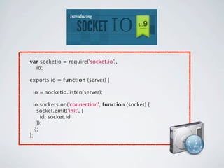 var socketio = require('socket.io'),
    io;

exports.io = function (server) {

  io = socketio.listen(server);

  io.sockets.on('connection', function (socket) {
    socket.emit('init', {
      id: socket.id
    });
  });
};
 